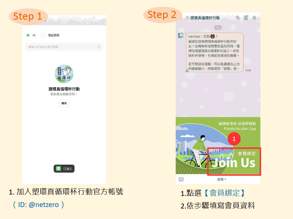 step1：1. 加入塑環真循環杯行動官方帳號 ID 為 @netzero step2：1.點選【會員綁定】 2.依步驟填寫會員資料