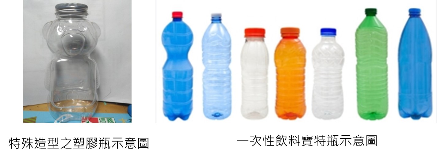特殊造型之塑膠瓶示意圖及一次性飲料寶特瓶示意圖